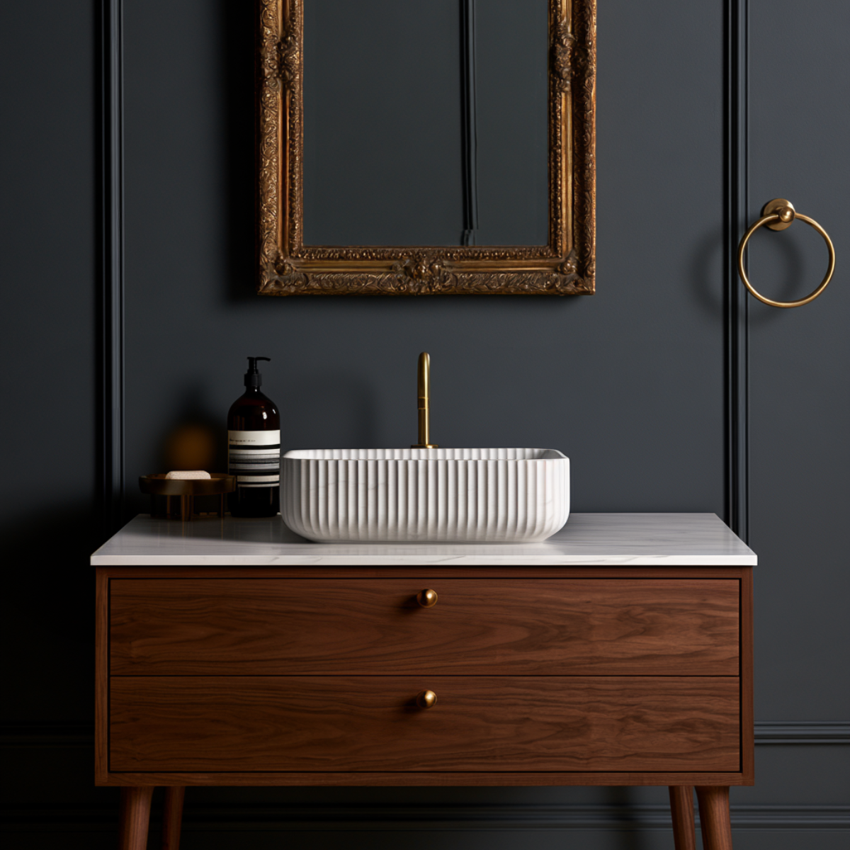 Small Walnut Bathroom Vanity | Freestanding 2 Drawer Cabinet