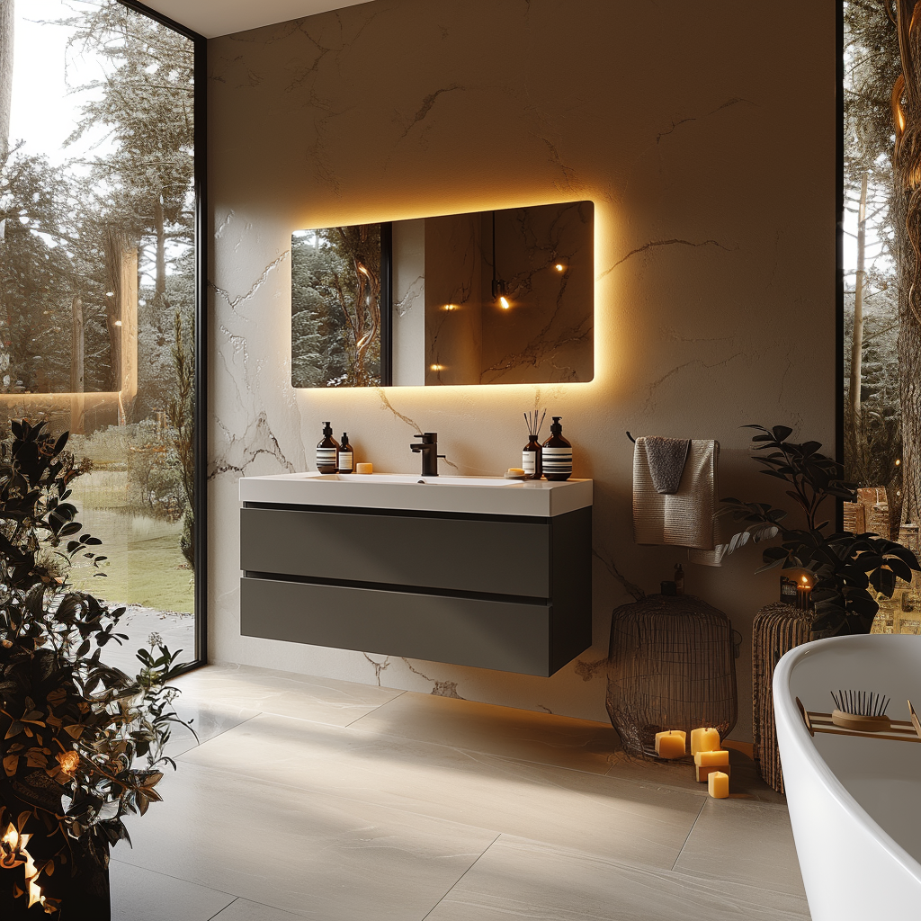 smoked brown floating bathroom vanity with subtle wood grain and minimalist floating silhouette