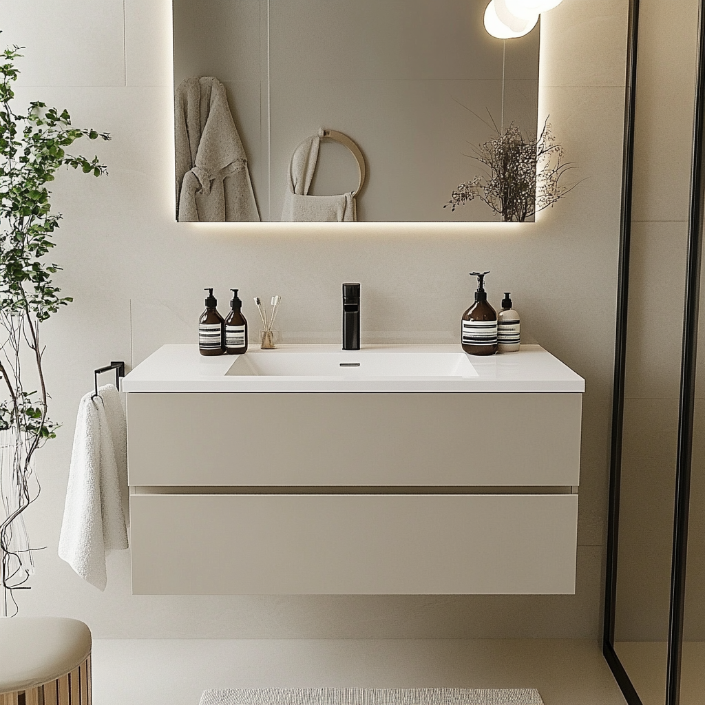 cream satin-finish floating vanity with minimalist drawer fronts and clean lines