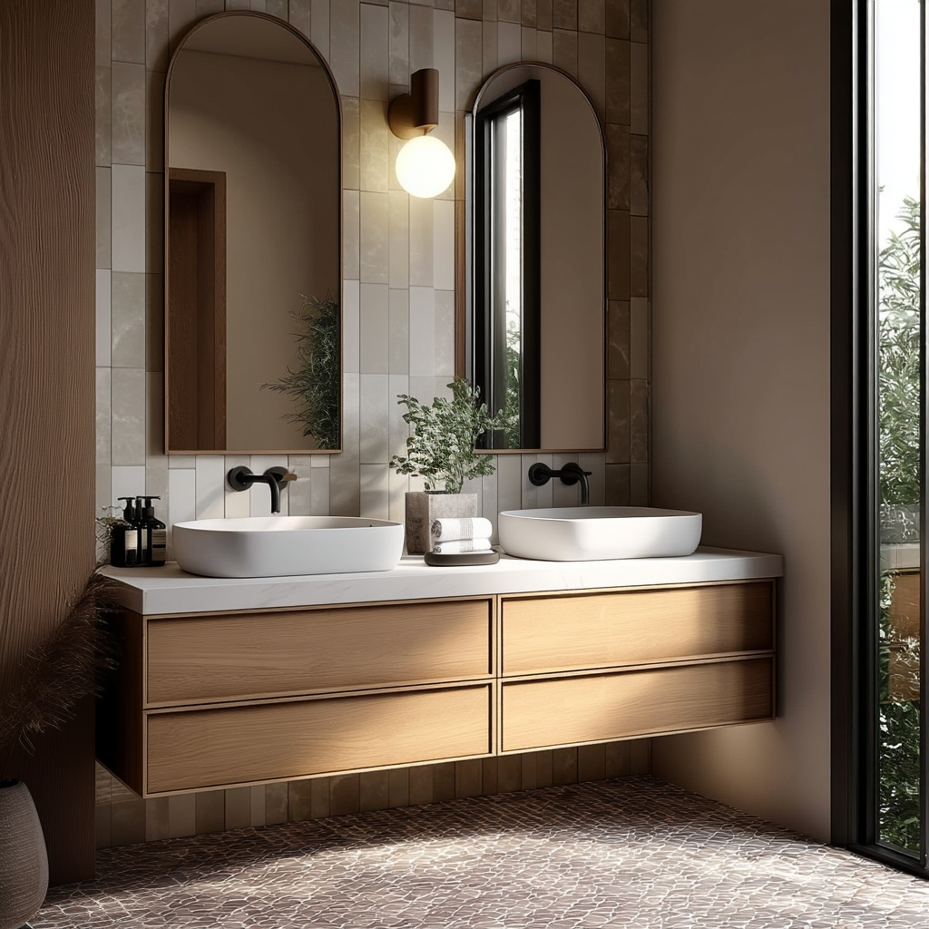 solid oak wall-mounted vanity with integrated pull-rail handles and smooth natural finish.