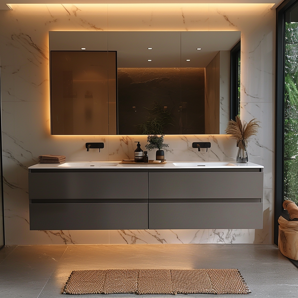 stone brown floating double-sink oak vanity with minimalist design and soft-close drawers by HEAVEN.