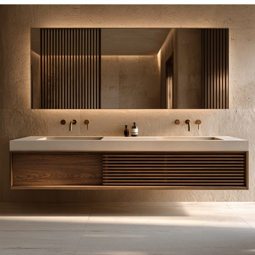 Walnut Floating Double Vanity — Slatted Modern Master Bathroom Cabinet