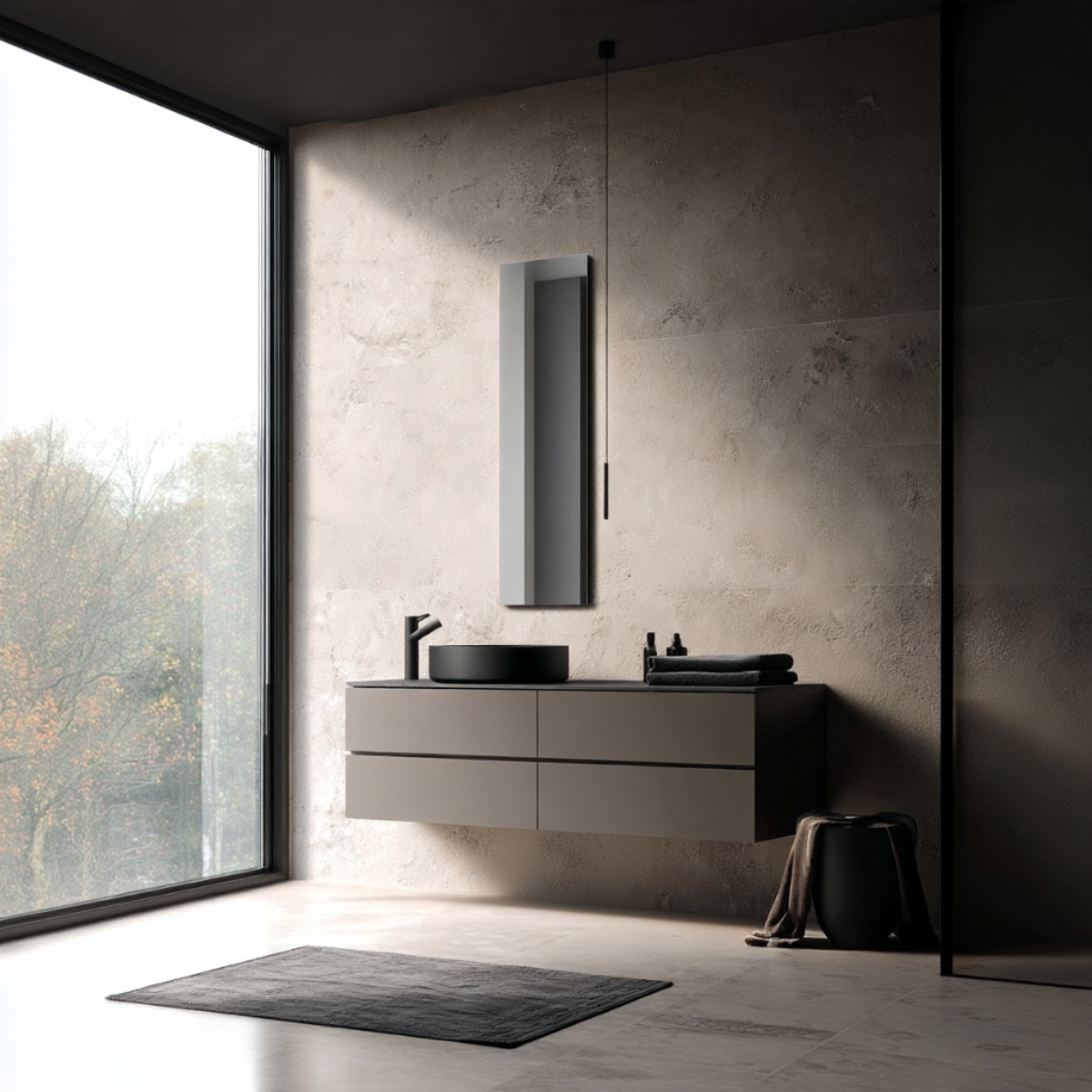 Modern floating bathroom vanity with a black vessel sink, matte gray cabinet, matching wall mirror, and minimalist black accessories in a concrete-textured bathroom setting.