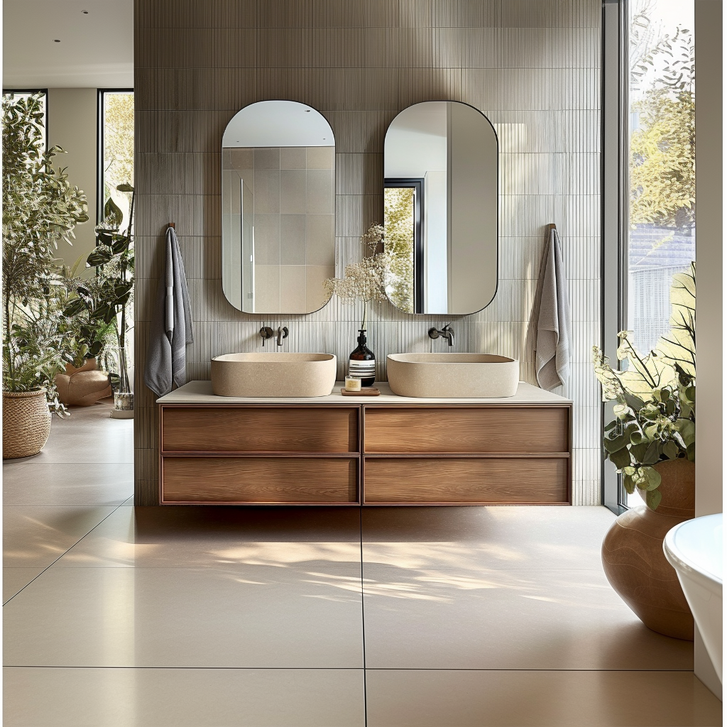 minimalist walnut wall-mounted vanity with sculptural front and clean lines.