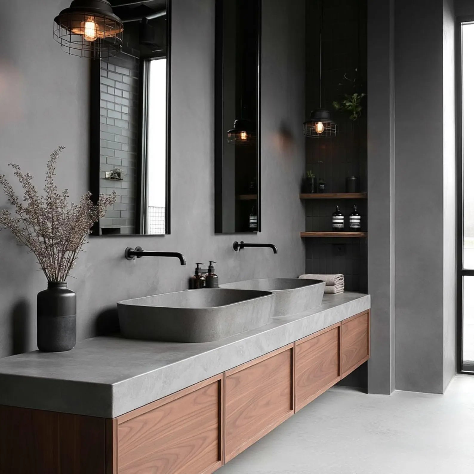 floating walnut bathroom vanity with handleless soft-close drawers and modern minimalist design by HEAVEN.