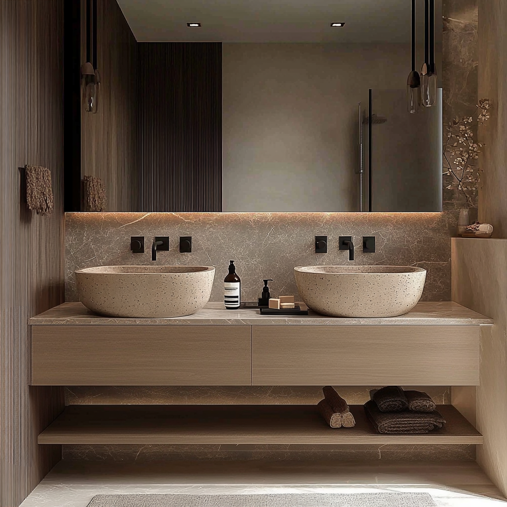 modern wall-mounted walnut vanity with natural veneer texture and open lower shelf.