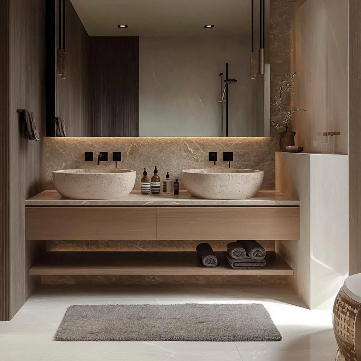 modemodern wall-mounted walnut vanity with natural veneer texture and open lower shelf.rn wall-mounted walnut vanity with natural veneer texture and open lower shelf.modern wall-mounted walnut vanity with natural veneer texture and open lower shelf.