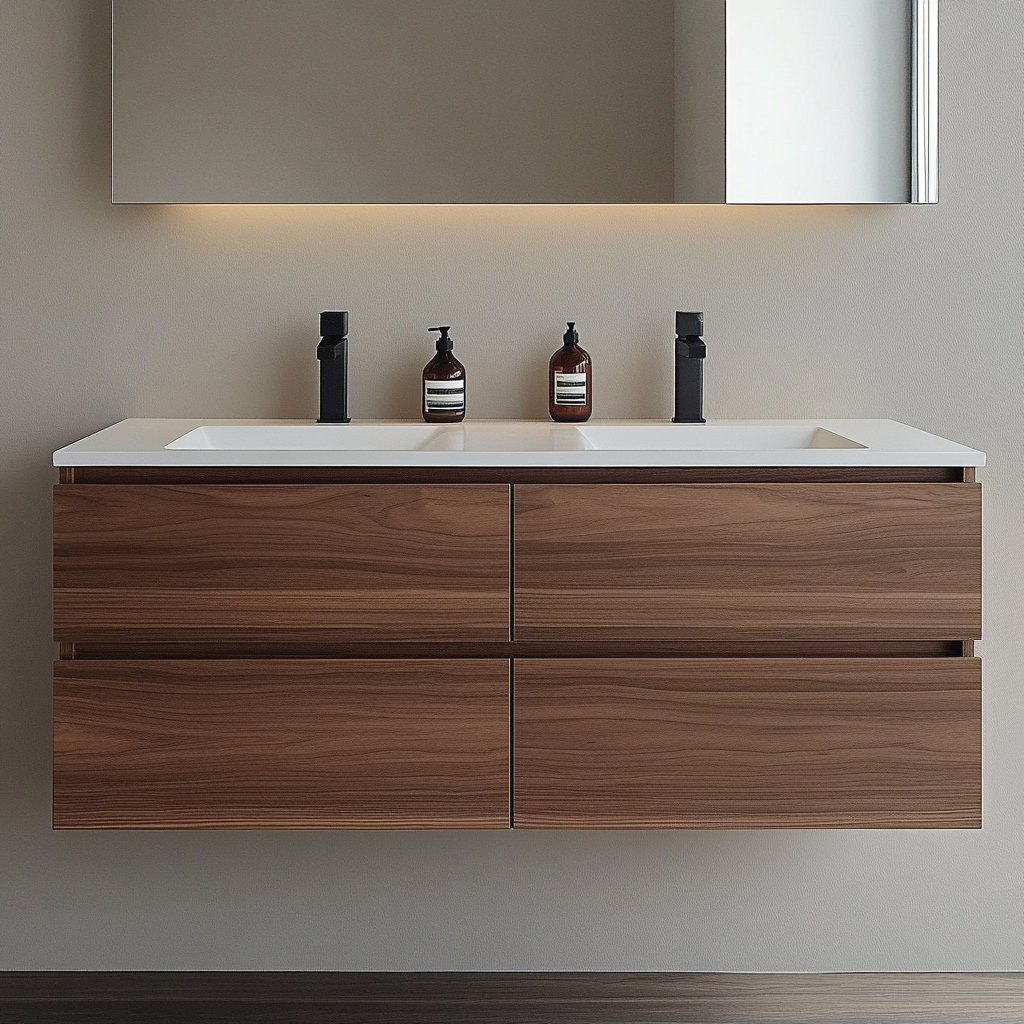 walnut floating double-sink vanity with horizontal grain and handleless soft-close drawers by HEAVEN.