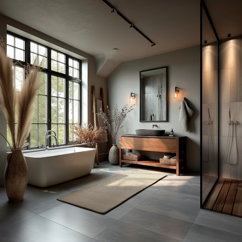 handcrafted walnut vanity with traditional farmhouse silhouette and modern storage drawers
