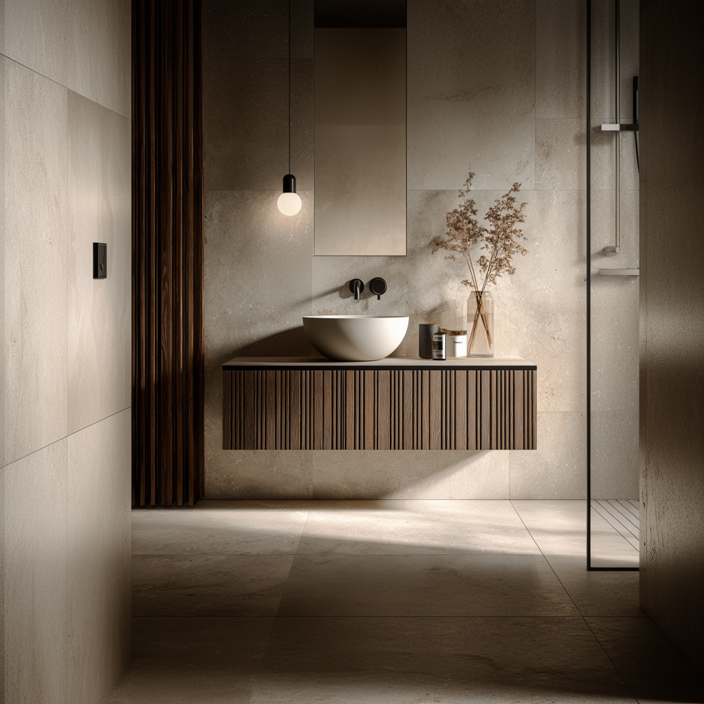 walnut slatted floating bathroom vanity with vertical wood slats and handleless soft-close drawers by HEAVEN.