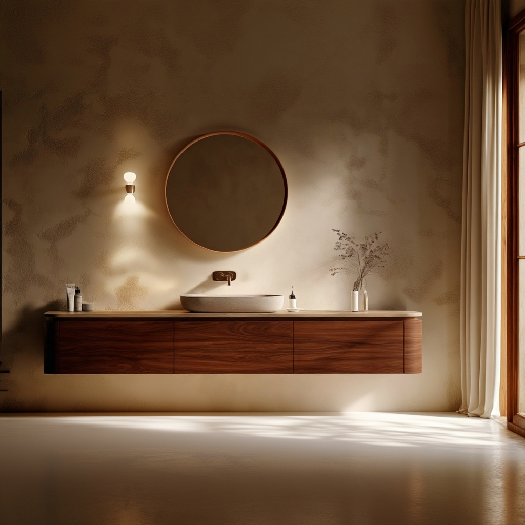A modern floating double-sink bathroom vanity with a dark wood cabinet, a white vessel sink, and a round wooden-framed mirror, set against a textured beige plaster wall with warm sunlight streaming in from a window.