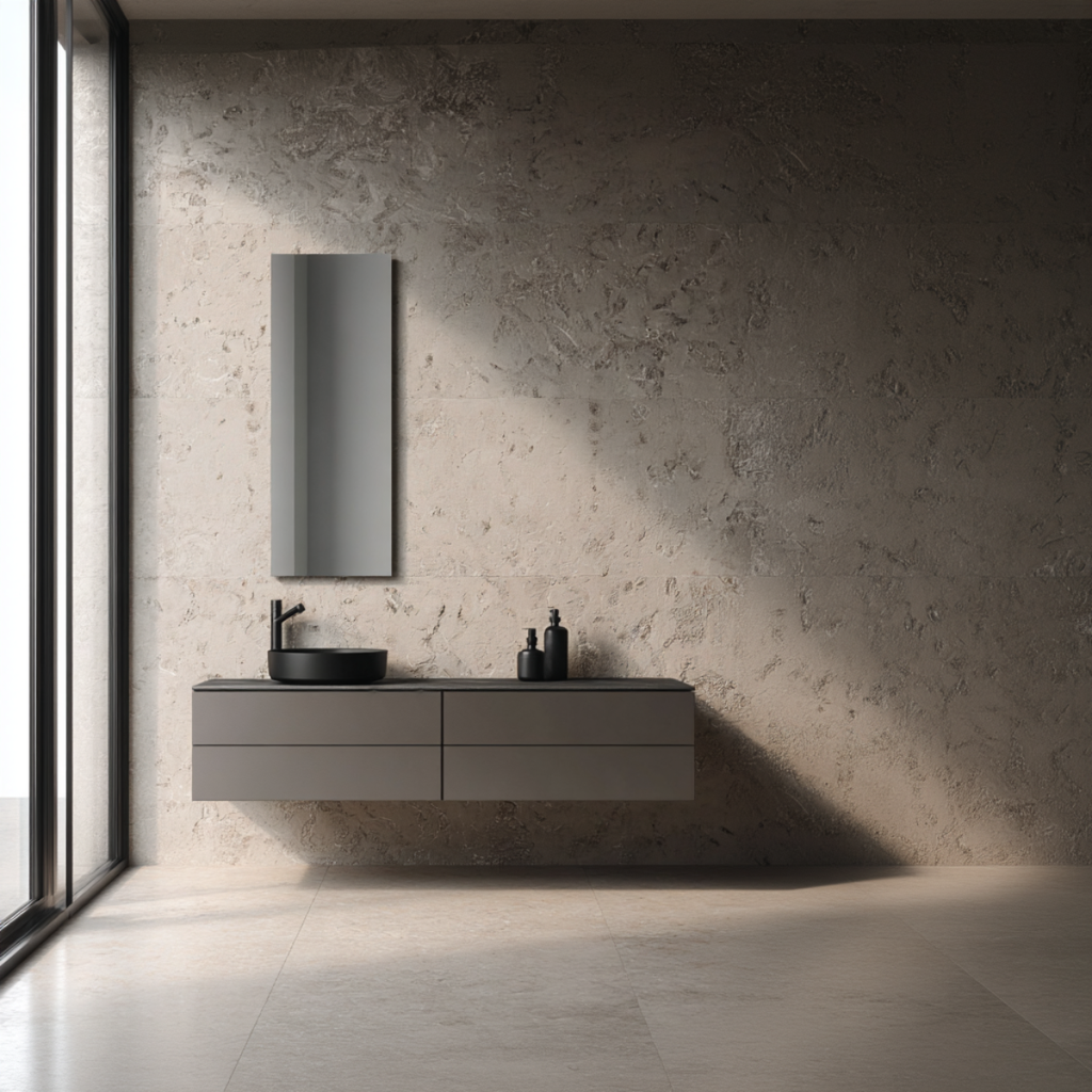 A modern floating bathroom vanity with a black vessel sink, matte gray drawers, and a matching vertical wall mirror, set against a textured concrete wall in a minimalist bathroom.