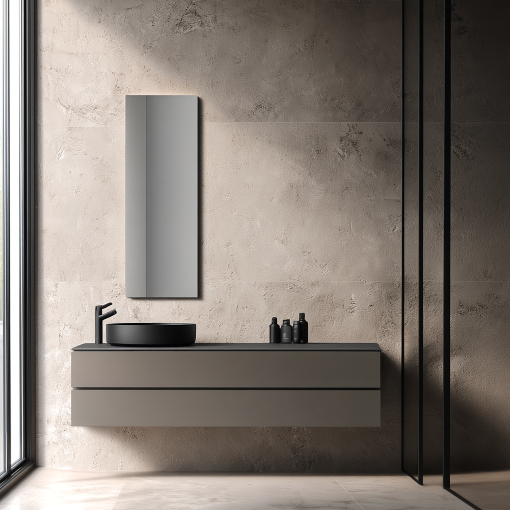 Modern floating bathroom vanity with a black vessel sink, matte gray countertop, matching wall mirror, and black faucet in a minimalist concrete-tile bathroom.