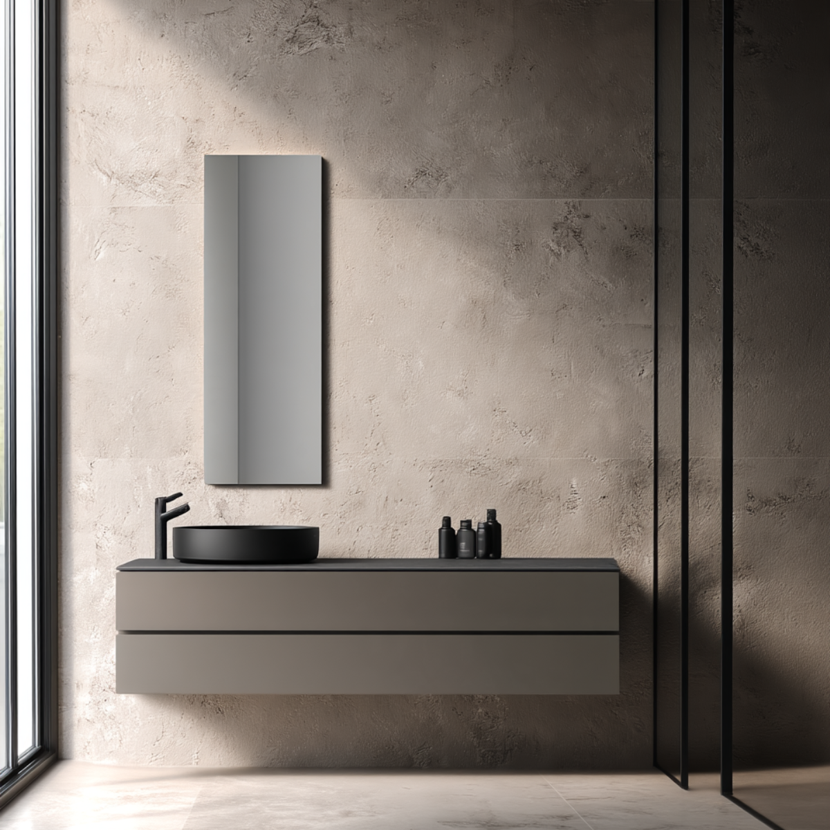Modern floating bathroom vanity with a black vessel sink, matte gray countertop, matching wall mirror, and black faucet in a minimalist concrete-tile bathroom.
