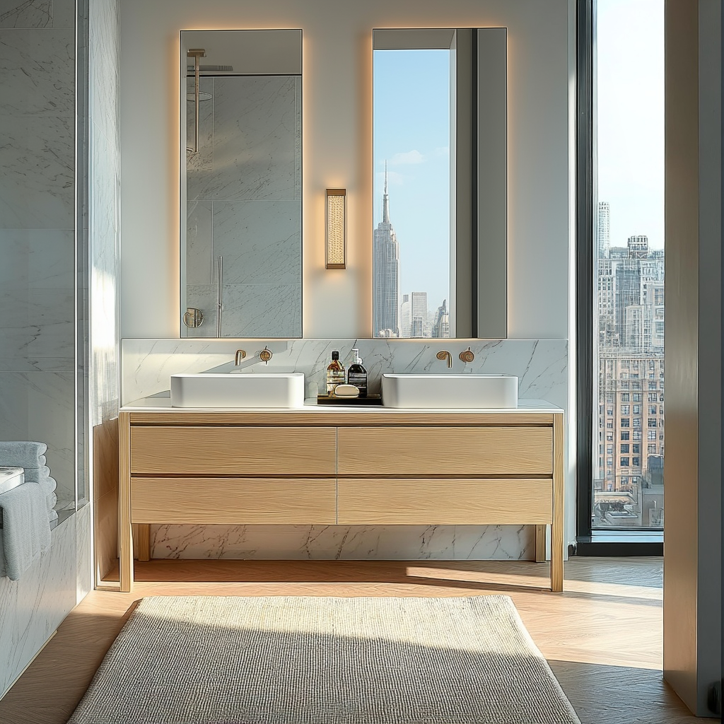 modern white oak freestanding vanity with natural veneer, minimalist silhouette, and soft 45° detailing.
Short des