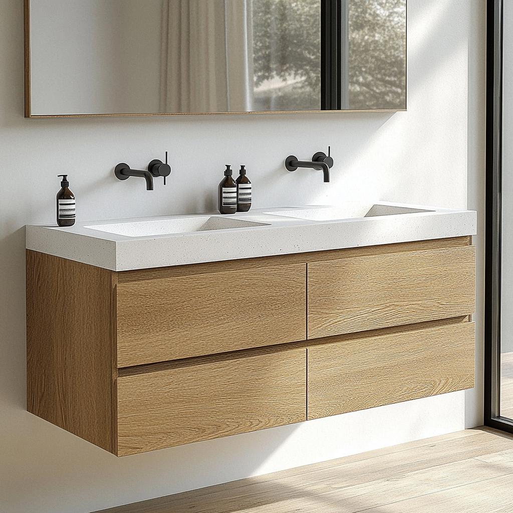 white oak floating double-sink vanity with minimalist design and soft-close drawers by HEAVEN