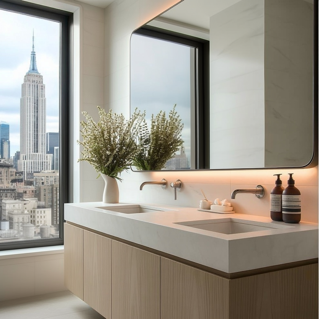 floating bathroom vanity in natural white oak veneer with clean lines and soft-close drawers.