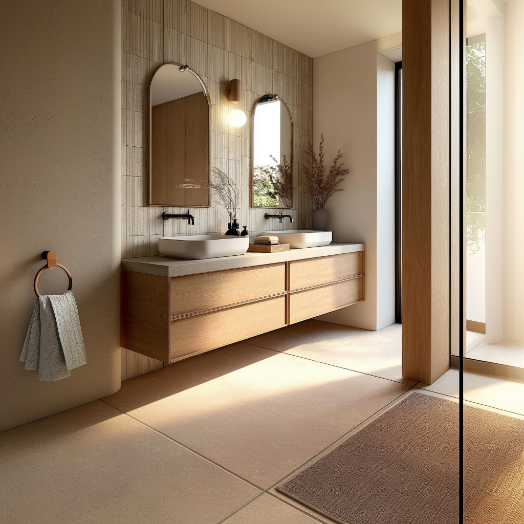 white oak floating bathroom vanity with four soft-close drawers and integrated pull rails by HEAVEN.