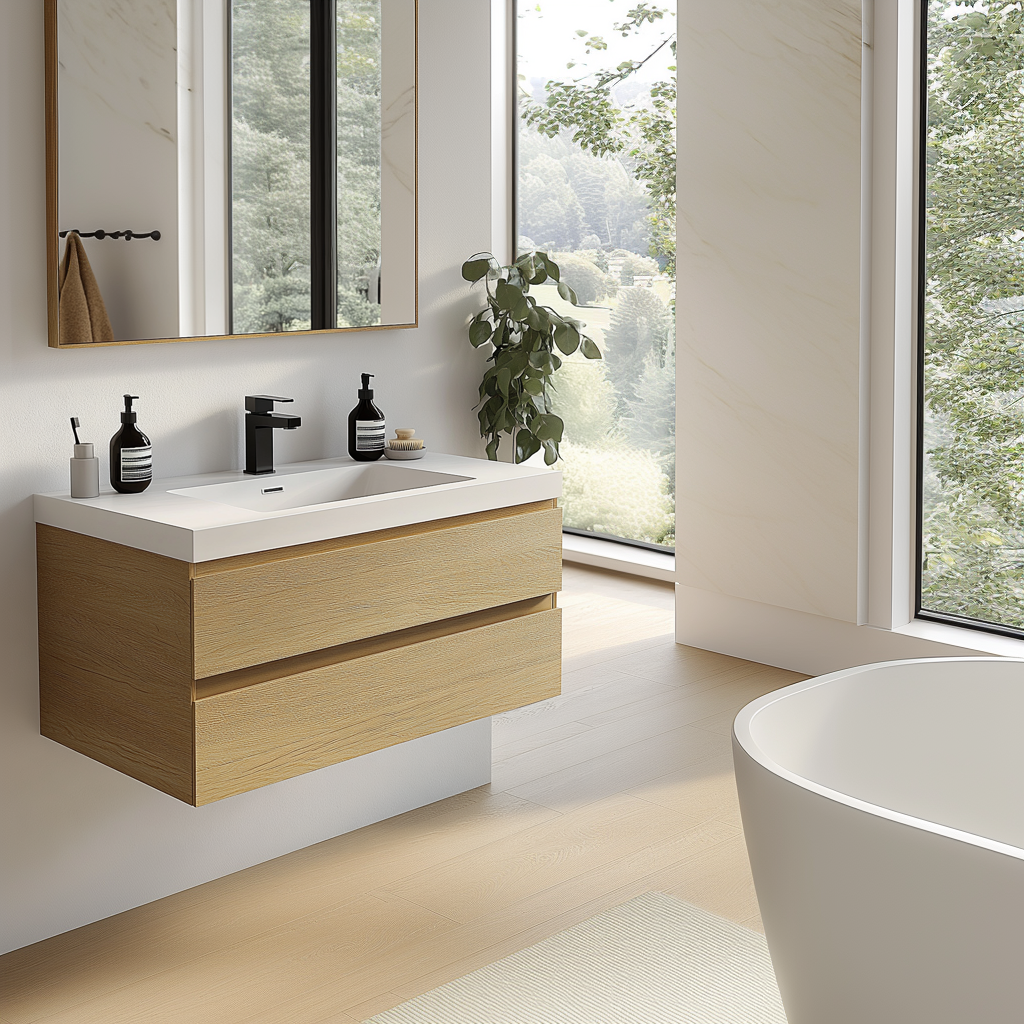 white oak floating bathroom vanity with clean minimalist design and natural wood grain by HEAVEN.