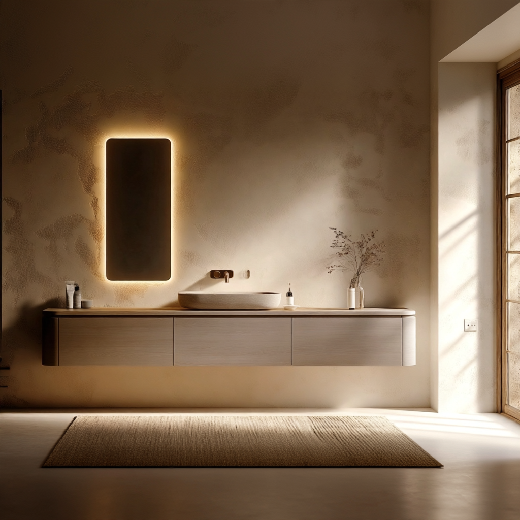 Curved floating bathroom vanity with rounded ends in natural white oak