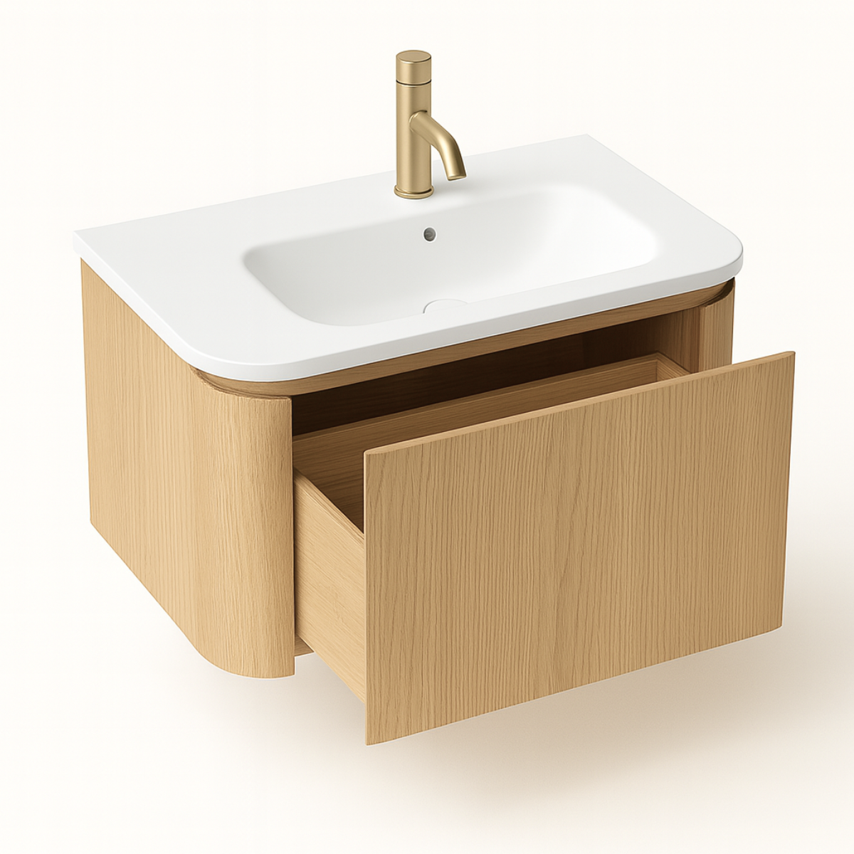 premium curved white oak vanity with soft-close drawer
