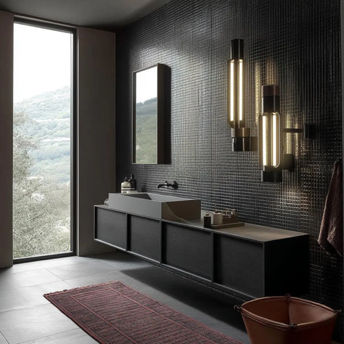 Modern black floating bathroom vanity with natural wood veneer and minimalist design, handcrafted by HEAVEN.