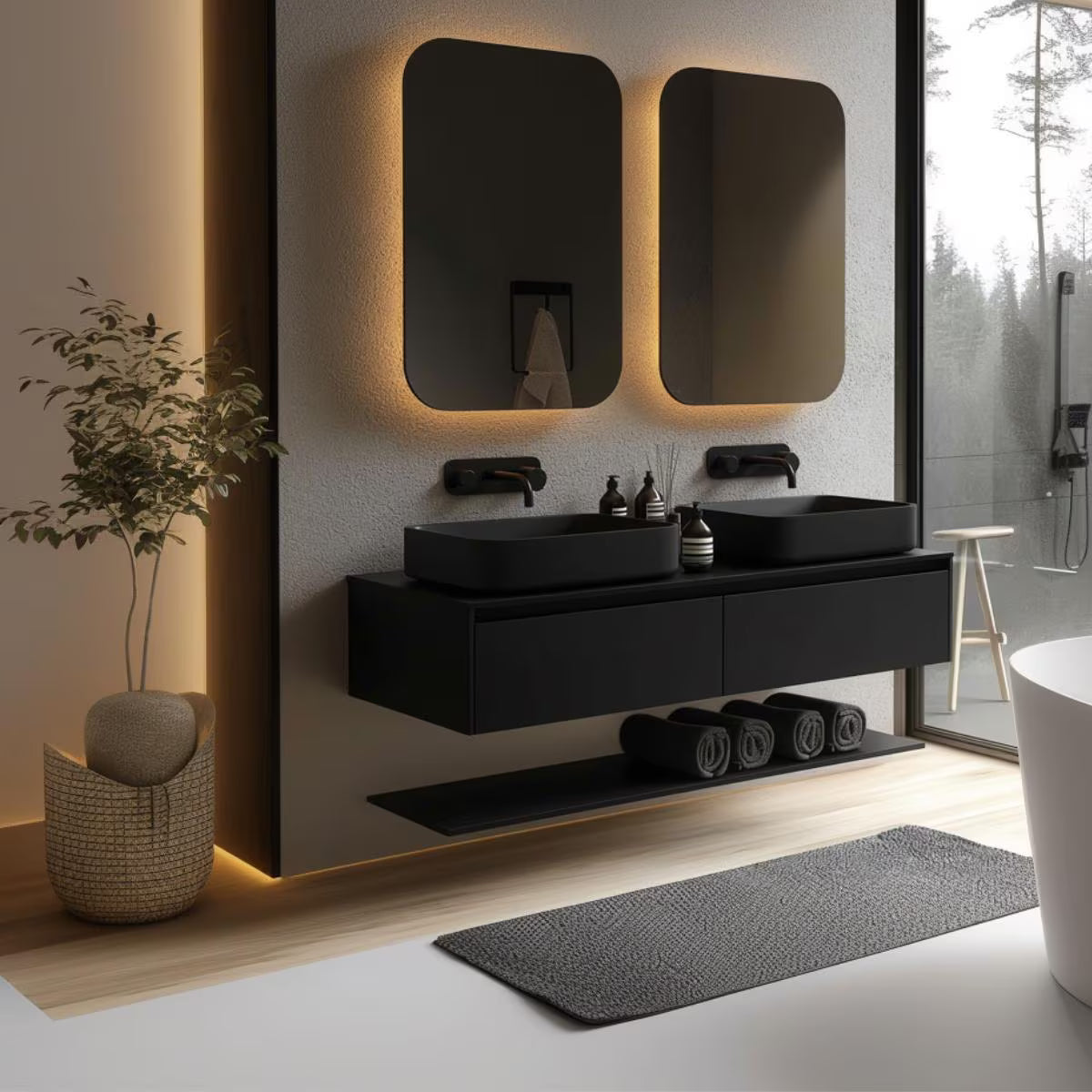 Modern black floating vanity with two drawers and open shelf, handcrafted by HEAVEN.