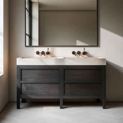 black oak freestanding double sink vanity with slim shaker doors