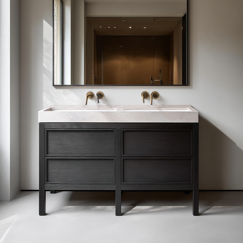 modern black oak double vanity with soft-close drawers