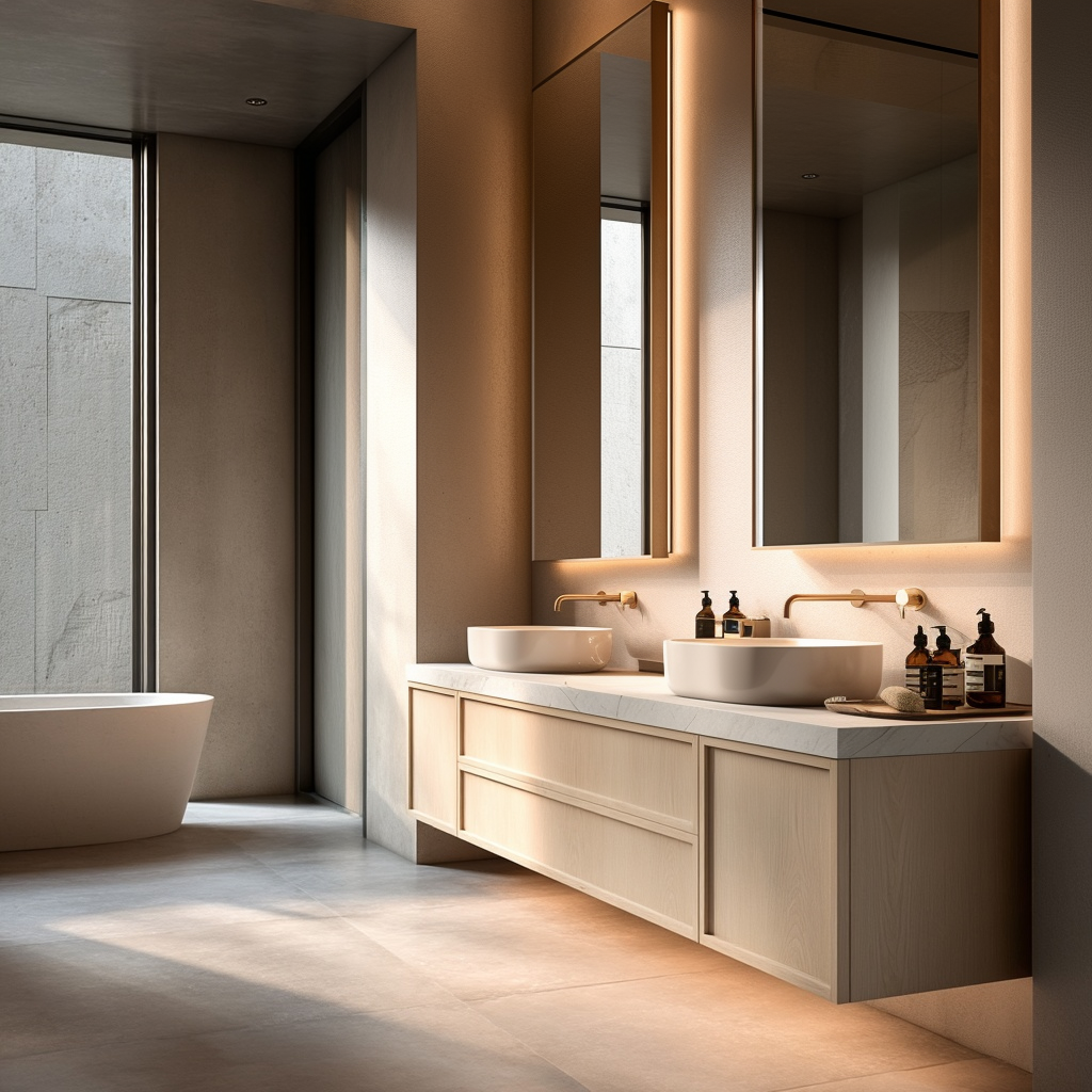 bleached oak floating bathroom vanity with slim shaker doors