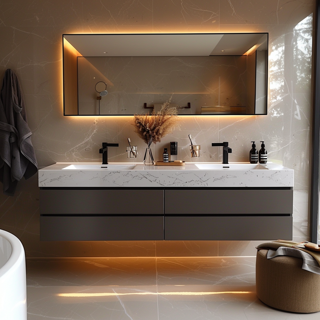 Brown floating double sink vanity with soft-close drawers and satin finish.