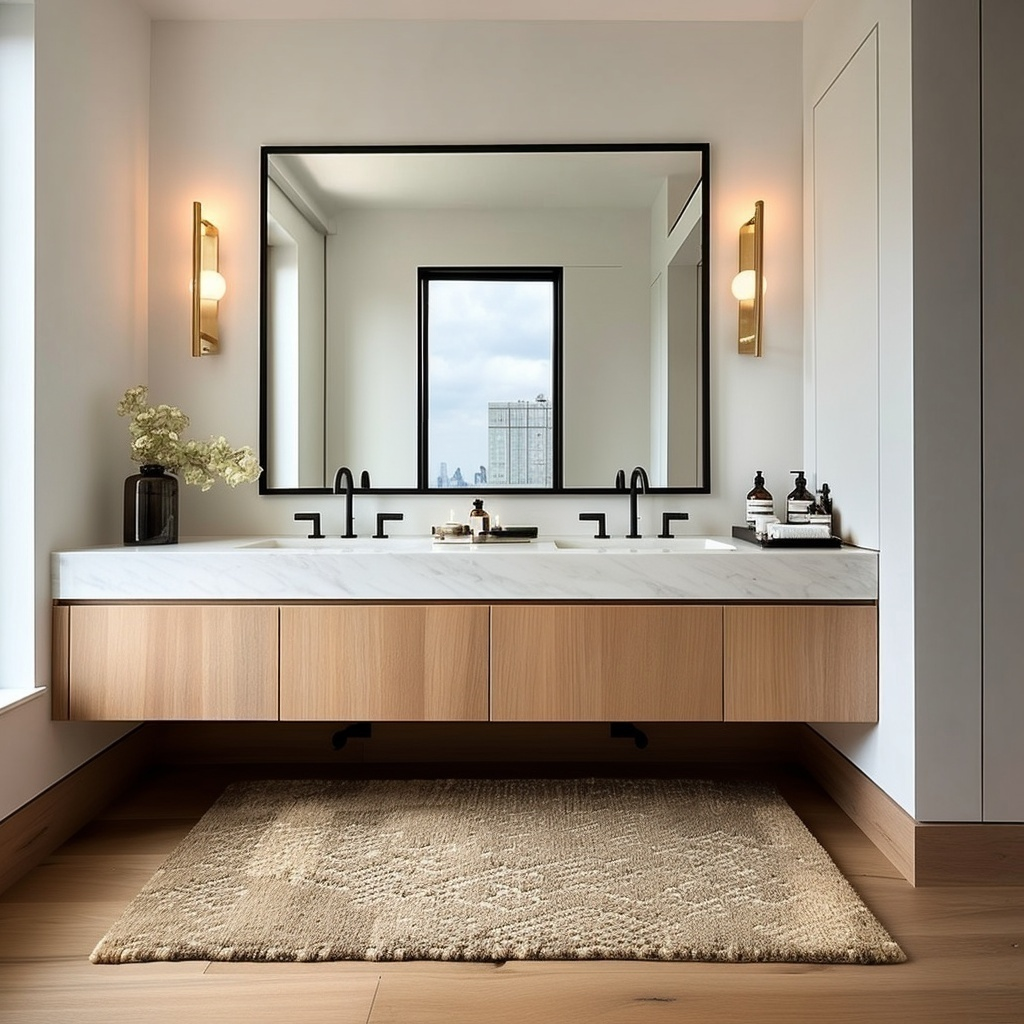 built in wall to wall white oak floating vanity