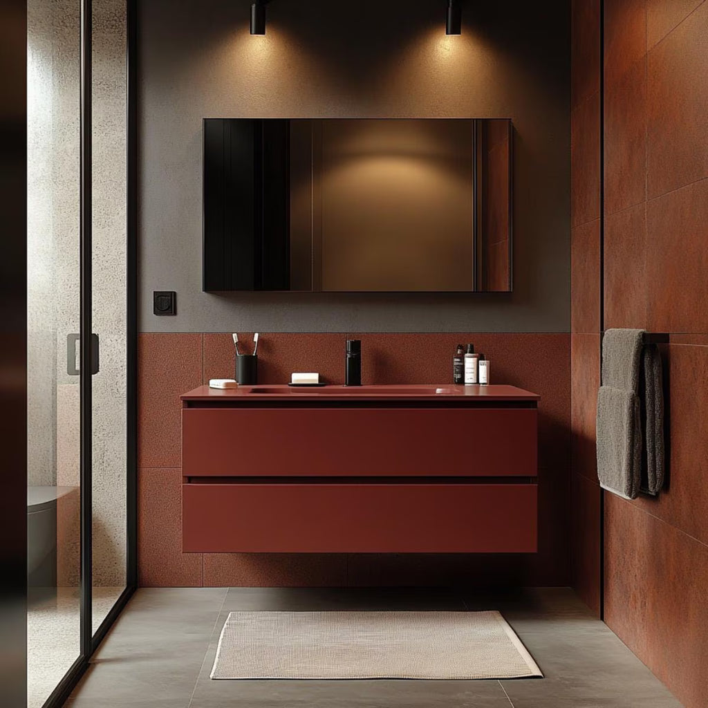 Burgundy floating bathroom vanity with soft-close drawers and wine red finish.