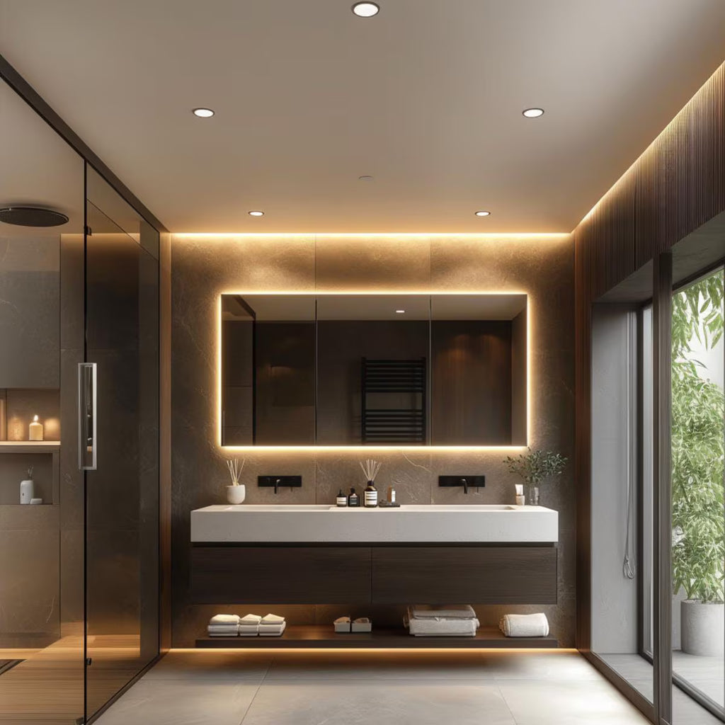 Dark oak floating vanity with chocolate finish and open shelf, handcrafted by HEAVEN.