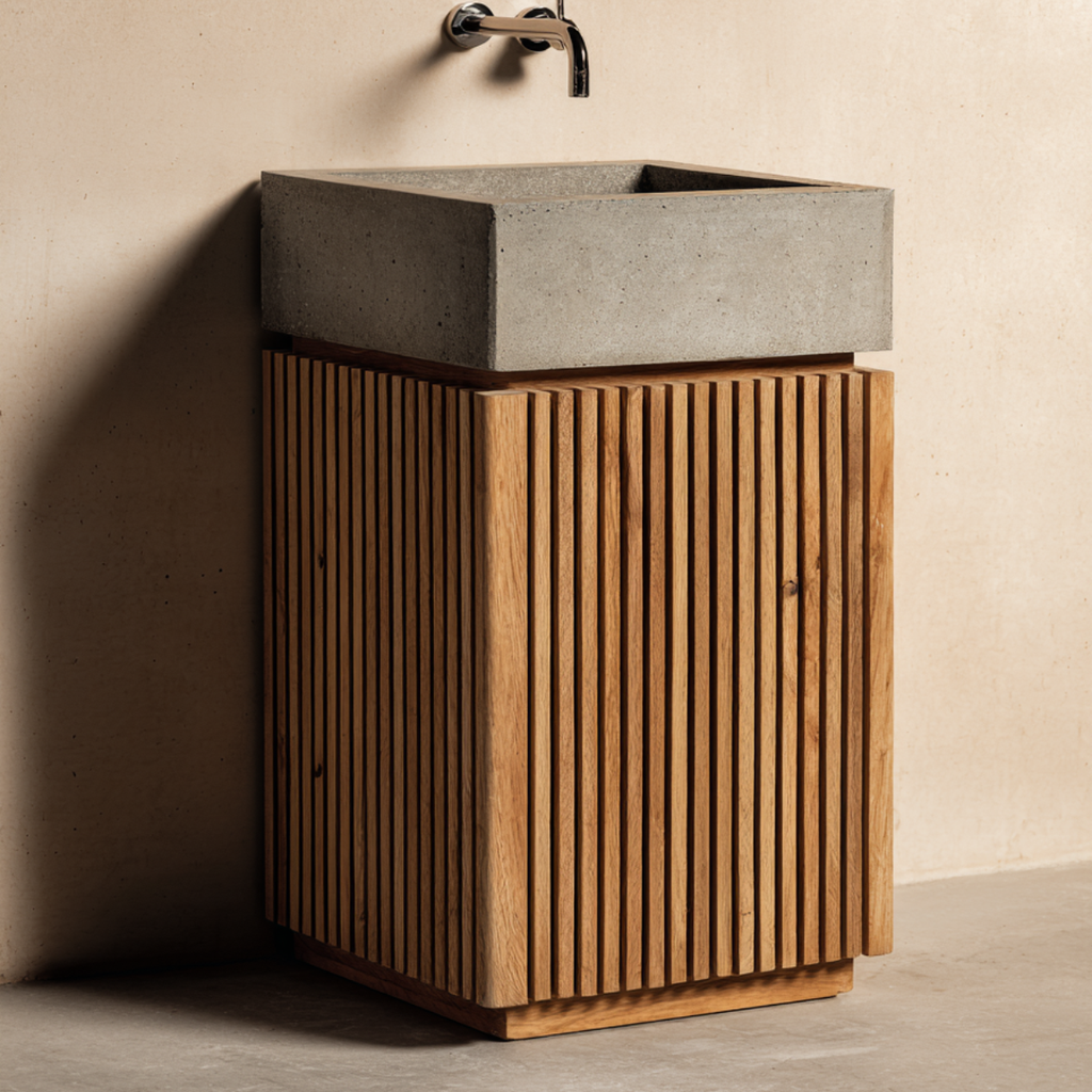 minimalist cube style white oak vanity