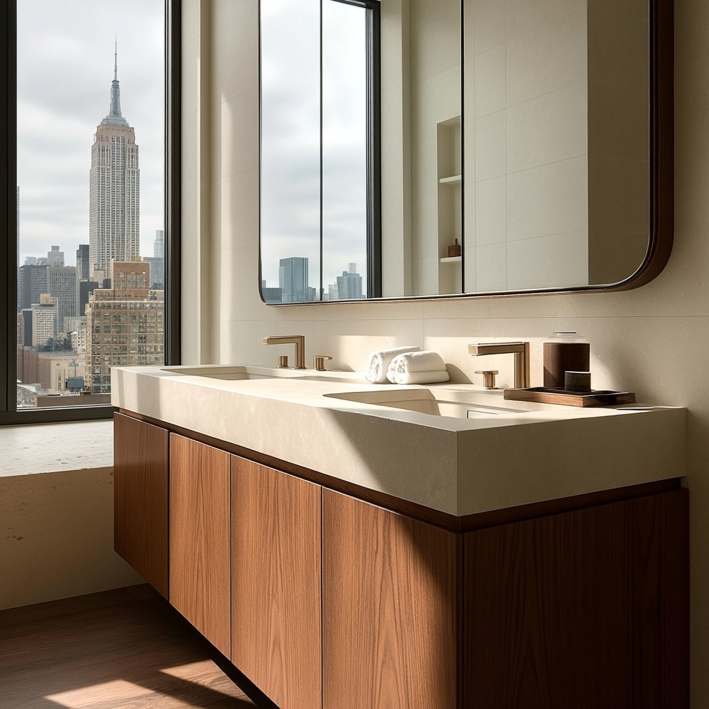 modern walnut floating bathroom vanity with clean lines and soft-close drawers by HEAVEN.