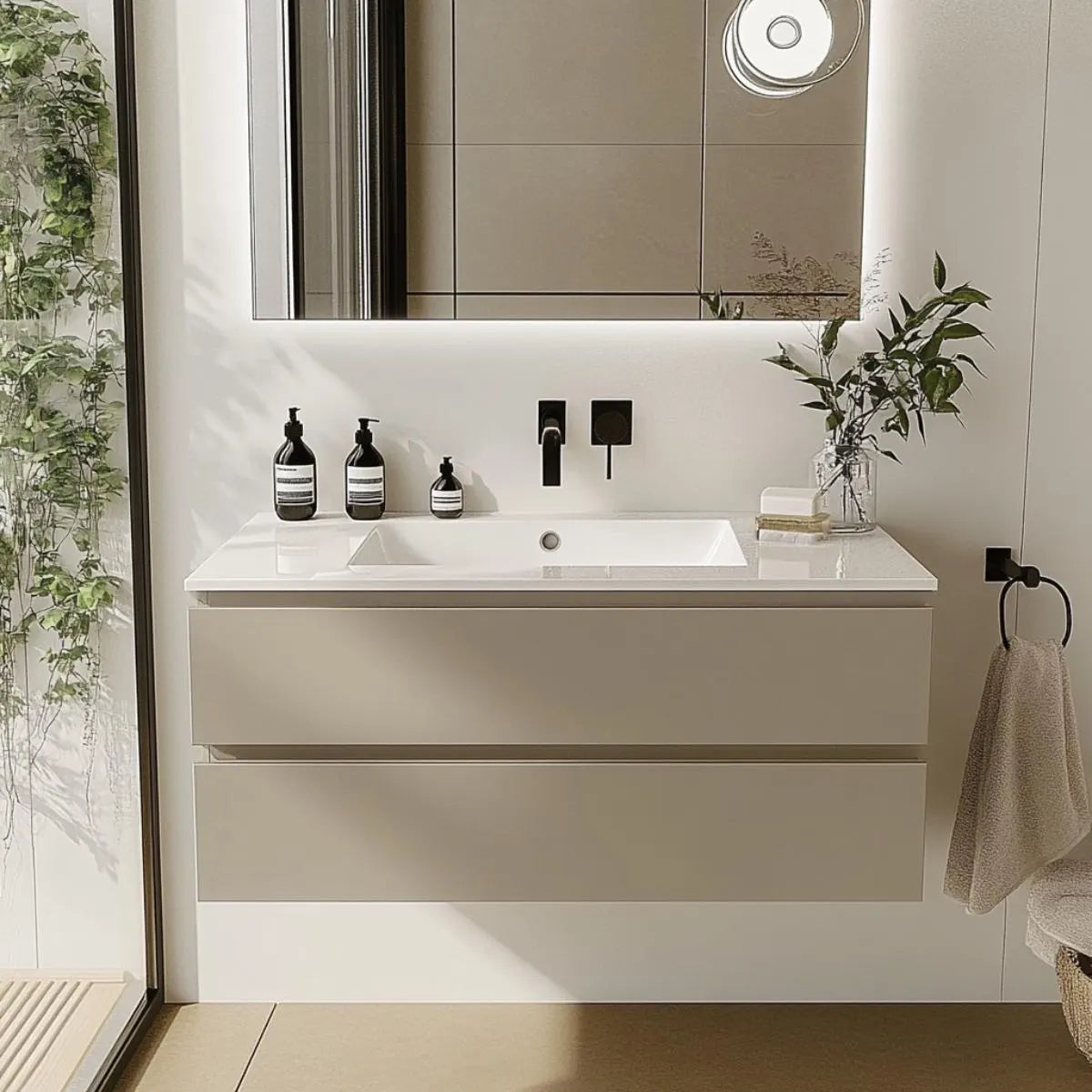 Cream floating bathroom vanity with handleless drawers and satin painted finish.