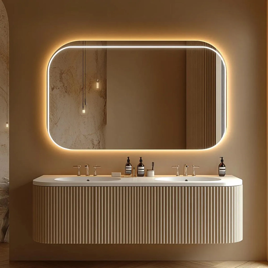 Cream fluted floating bathroom vanity with rounded oak fronts and push-to-open drawers.