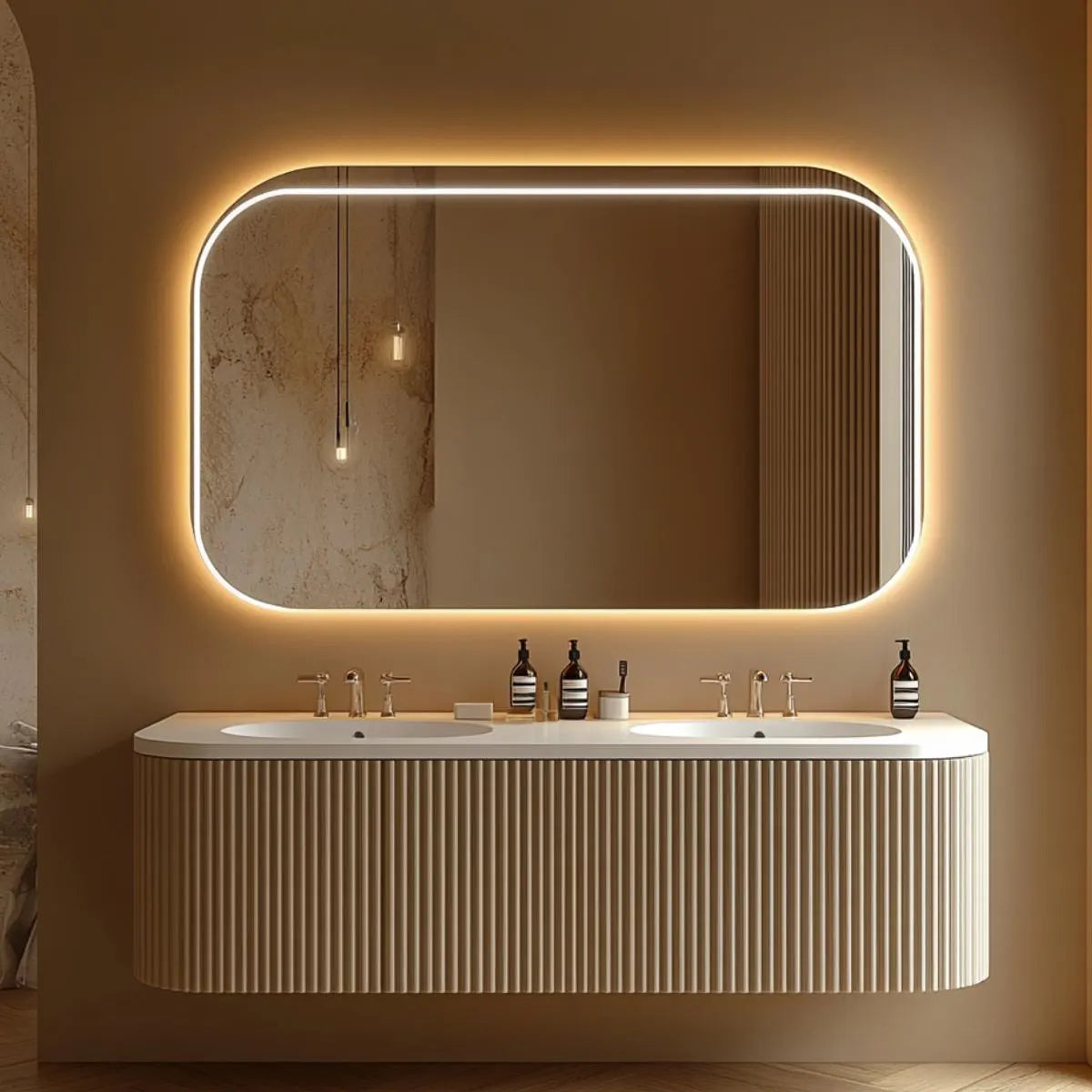 Cream fluted floating bathroom vanity with rounded oak fronts and push-to-open drawers.