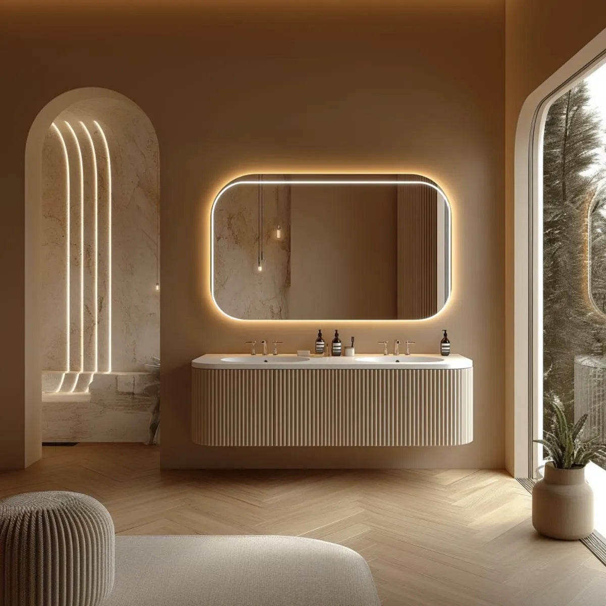 Modern bathroom with cream fluted floating vanity and soft neutral tones.
