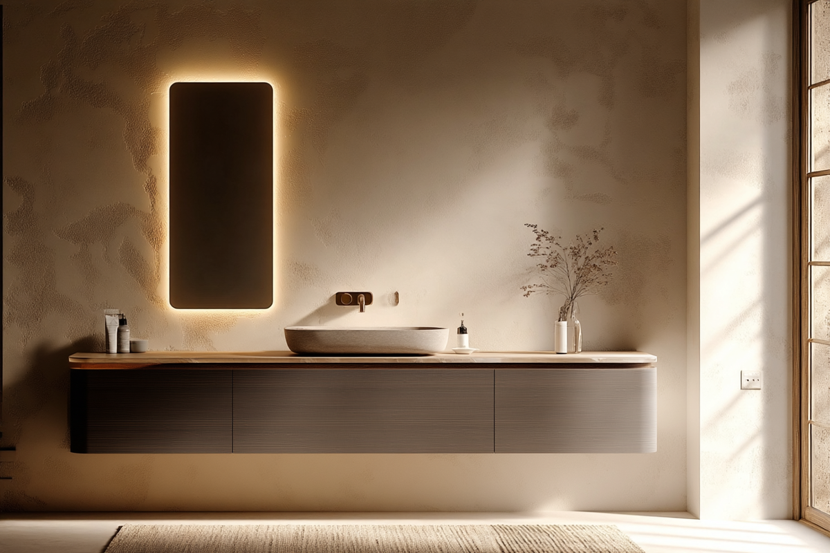 Curved Floating Bathroom Vanity — White Oak or Walnut Custom 24–120" Cabinet