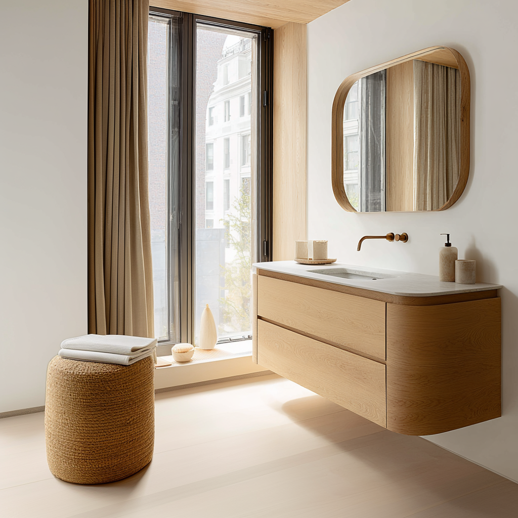 curved floating white oak vanity with two drawers