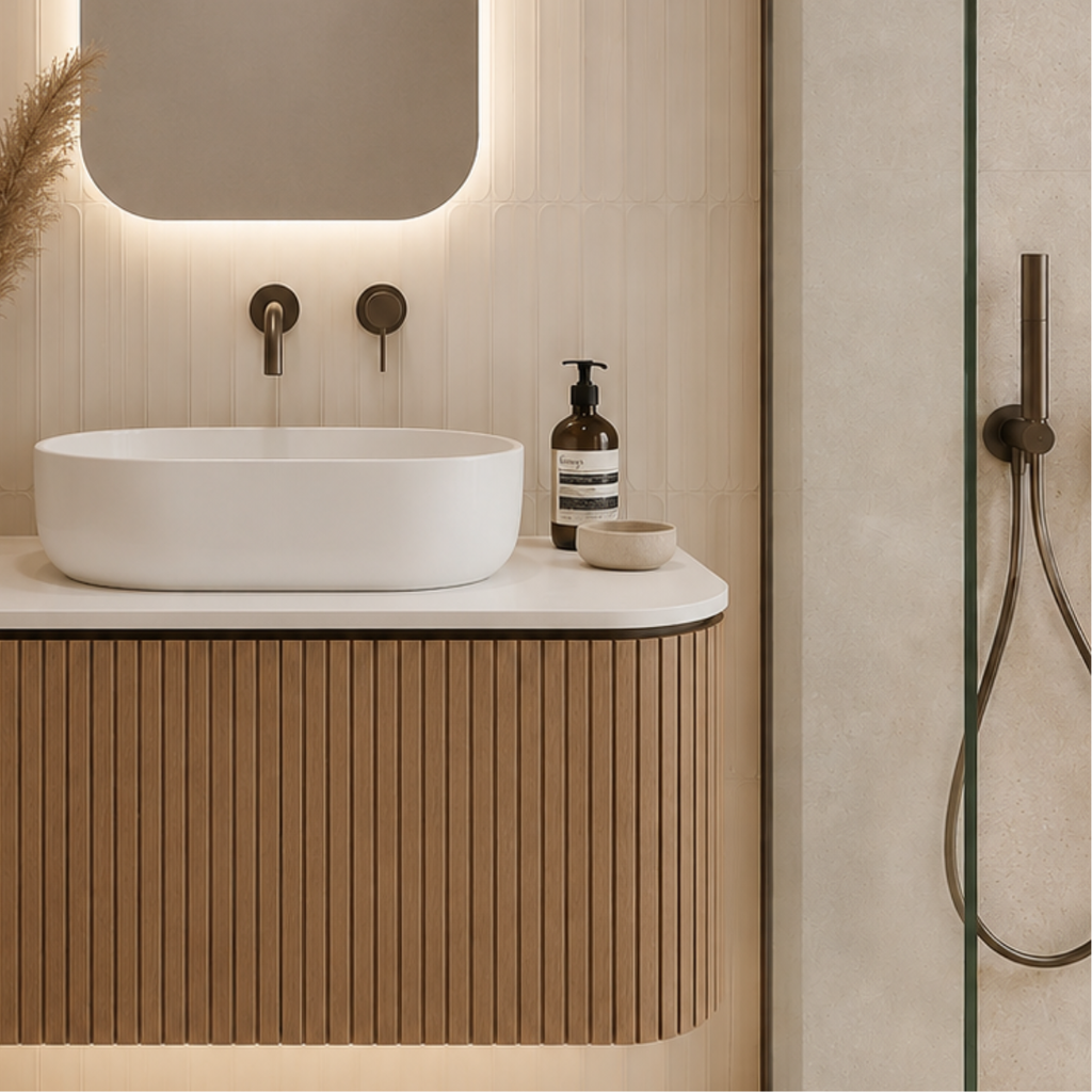 A modern bathroom vanity setup with a white oval vessel sink on a floating slatted wood cabinet, paired with matte dark bronze wall-mounted fixtures and a small soap dispenser, set against a light beige tiled wall.