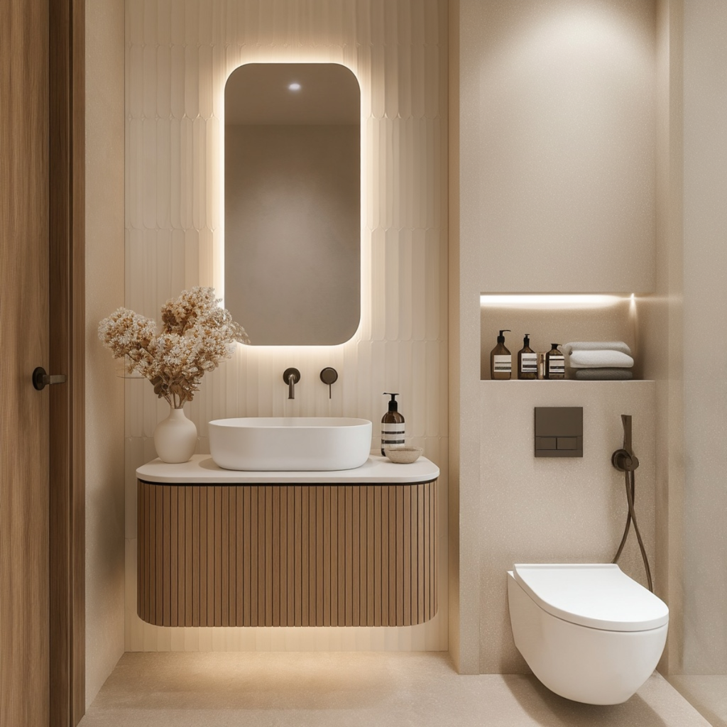 A modern bathroom interior featuring a floating vanity with a white vessel sink, a large rounded rectangular backlit mirror, a wall-mounted toilet, and warm wood-toned cabinetry and walls.