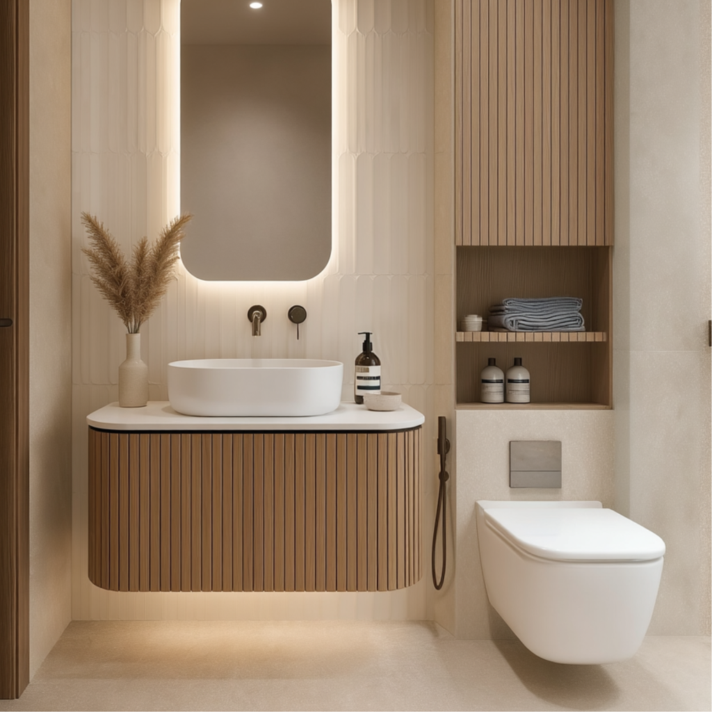 A modern bathroom interior featuring a floating vanity with a white vessel sink, a wall-mounted toilet, and warm wood slat details, with built-in shelving and a backlit mirror.