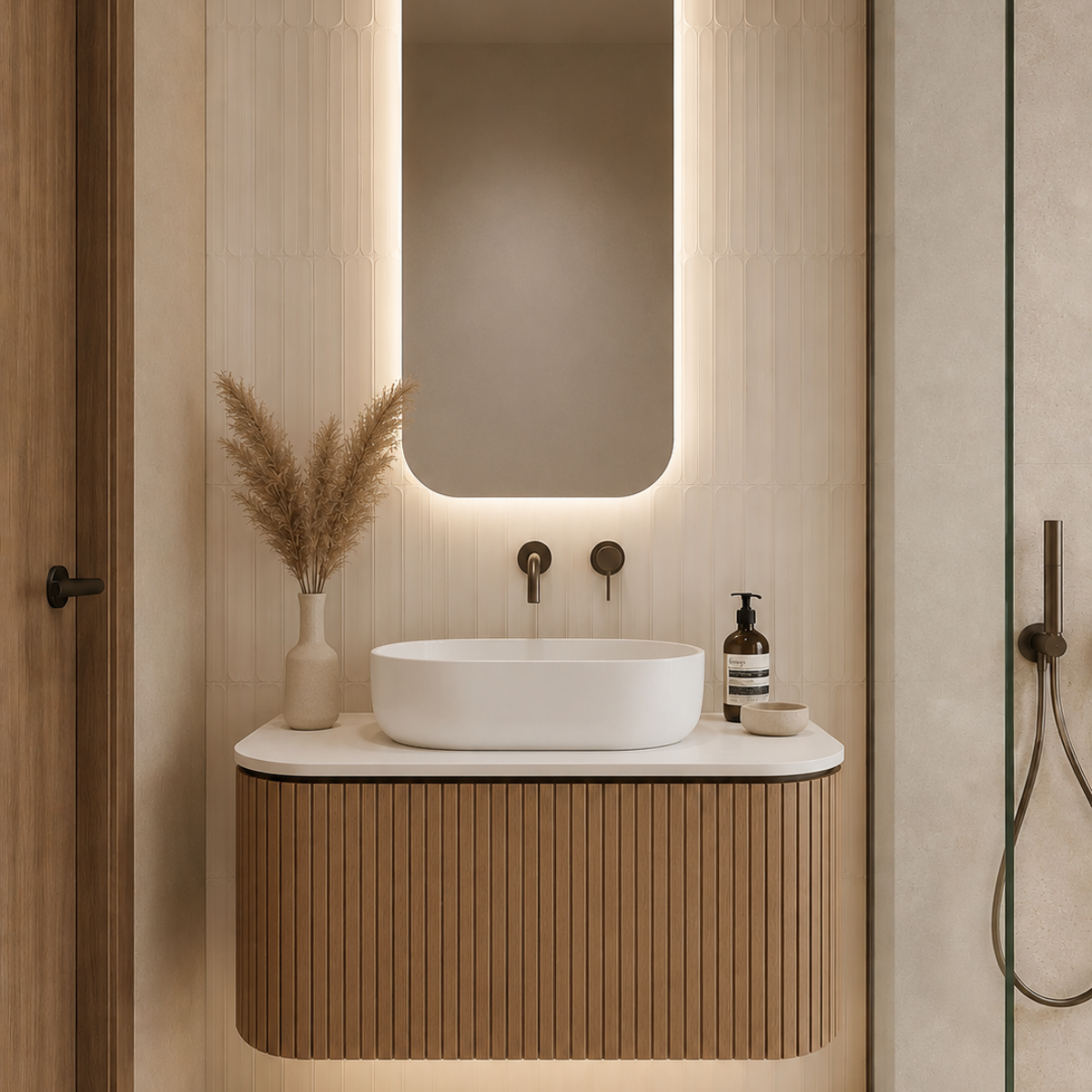 Curved Fluted Floating Vanity | Small Space Bathroom Vanity in Oak or Walnut | Custom 20–36"