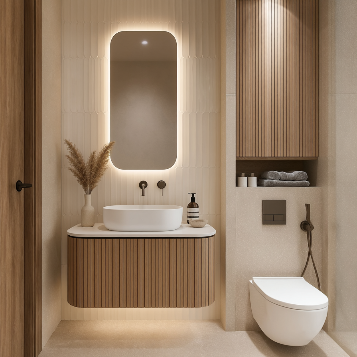 Modern bathroom vanity with a light wood cabinet, white countertop, underlit rectangular mirror, open storage shelf, and adjacent toilet with gray stone wall paneling.
