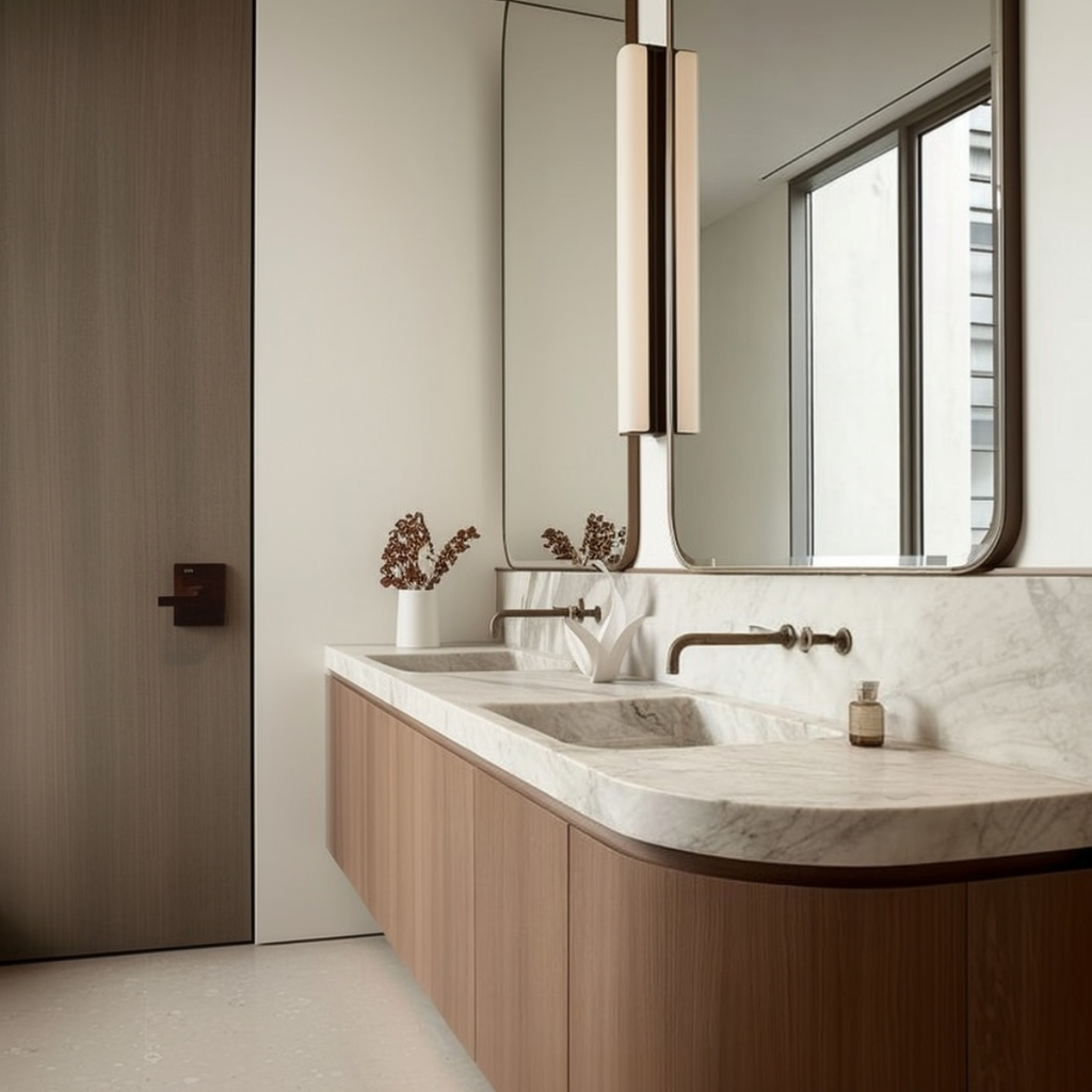 curved walnut floating vanity with sculptural art deco front