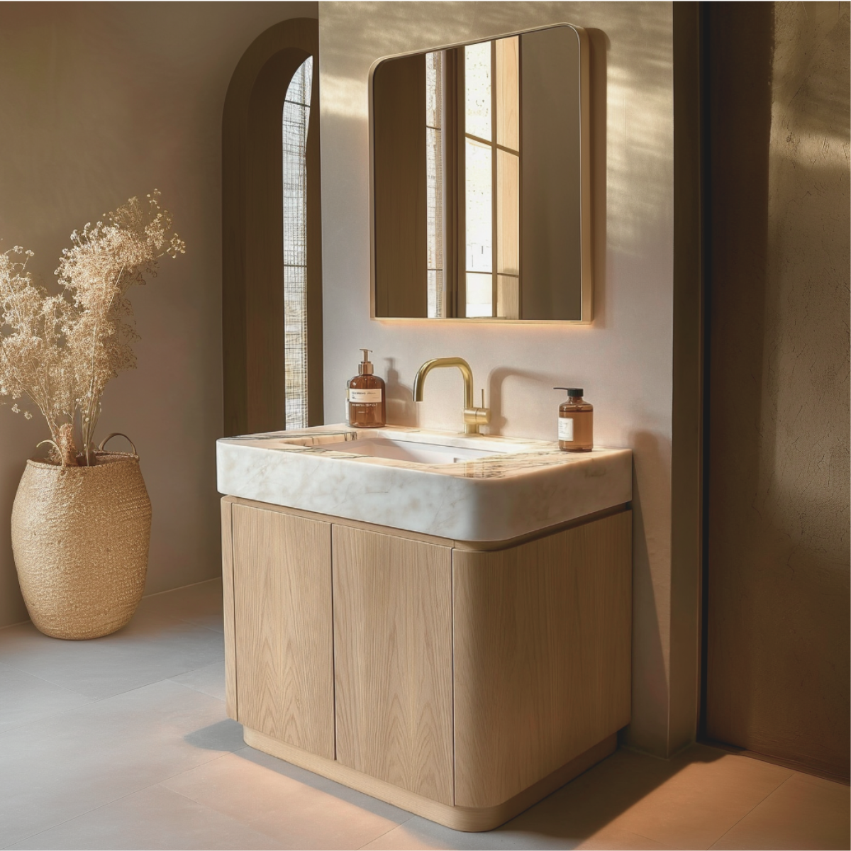 curved white oak bathroom vanity freestanding