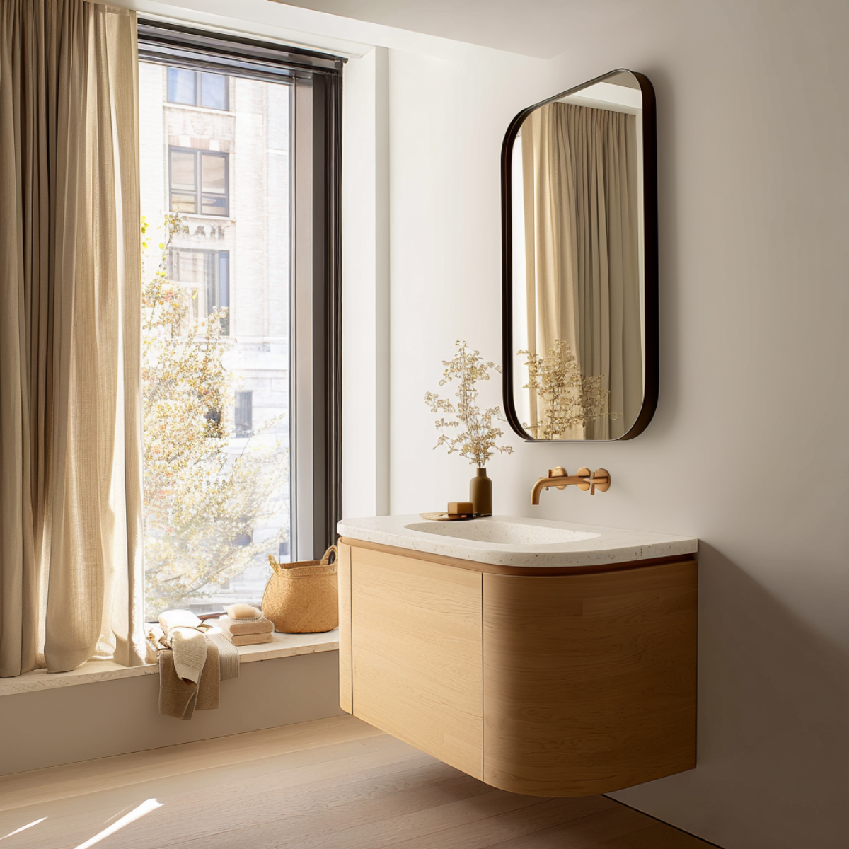 curved white oak floating vanity with art deco design
